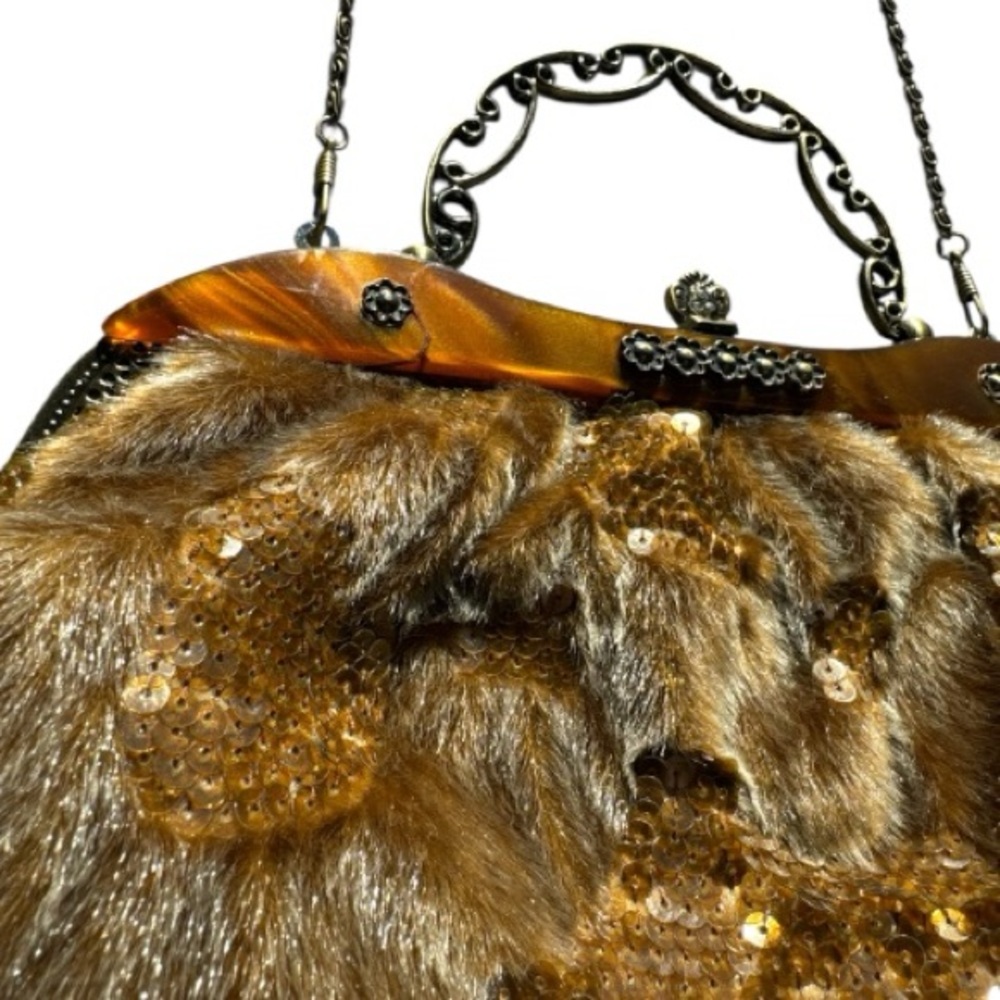 IN's Faux Fur Leather Sequins Tortoise Shell Clutch Gold Tone - Picture 9 of 13